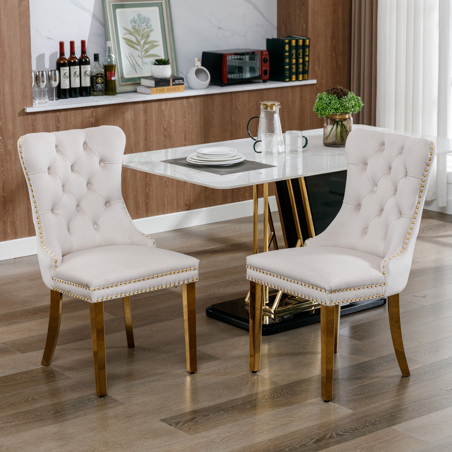 Upholstered Dining Chairs, Modern Velvet Chairs with Golden Stainless Steel Plating Legs, Tufted Solid Wood Kitchen Chairs Set of 2 with Nailhead Trim and Back Ring, Beige