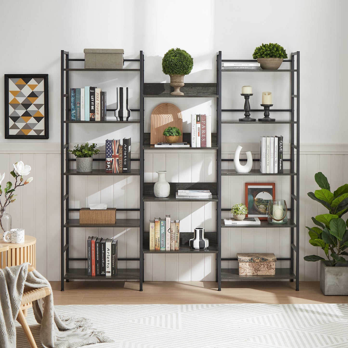 5 Tiers Bookcase Bookshelf, Triple Wide Wooden Open Display Shelves with Metal Frame, Industrial Large Etagere Bookshelf for Home Office