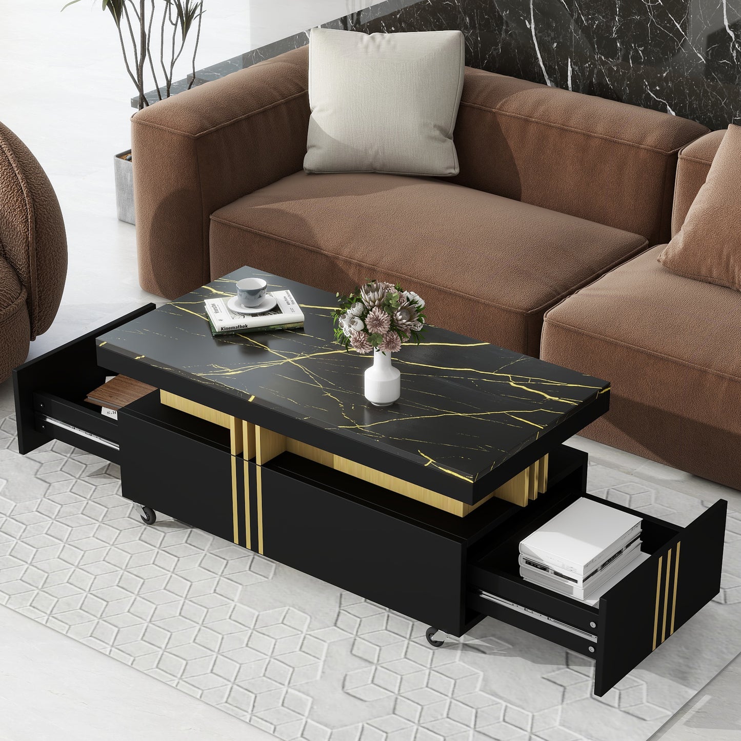 SESSLIFE Modern Coffee Table with Storage, White Faux Marble Top Cocktail Table with 2 Drawers, Caster Wheels and Gold Metal Bars for Living Room, Rectangle Center Table, Black
