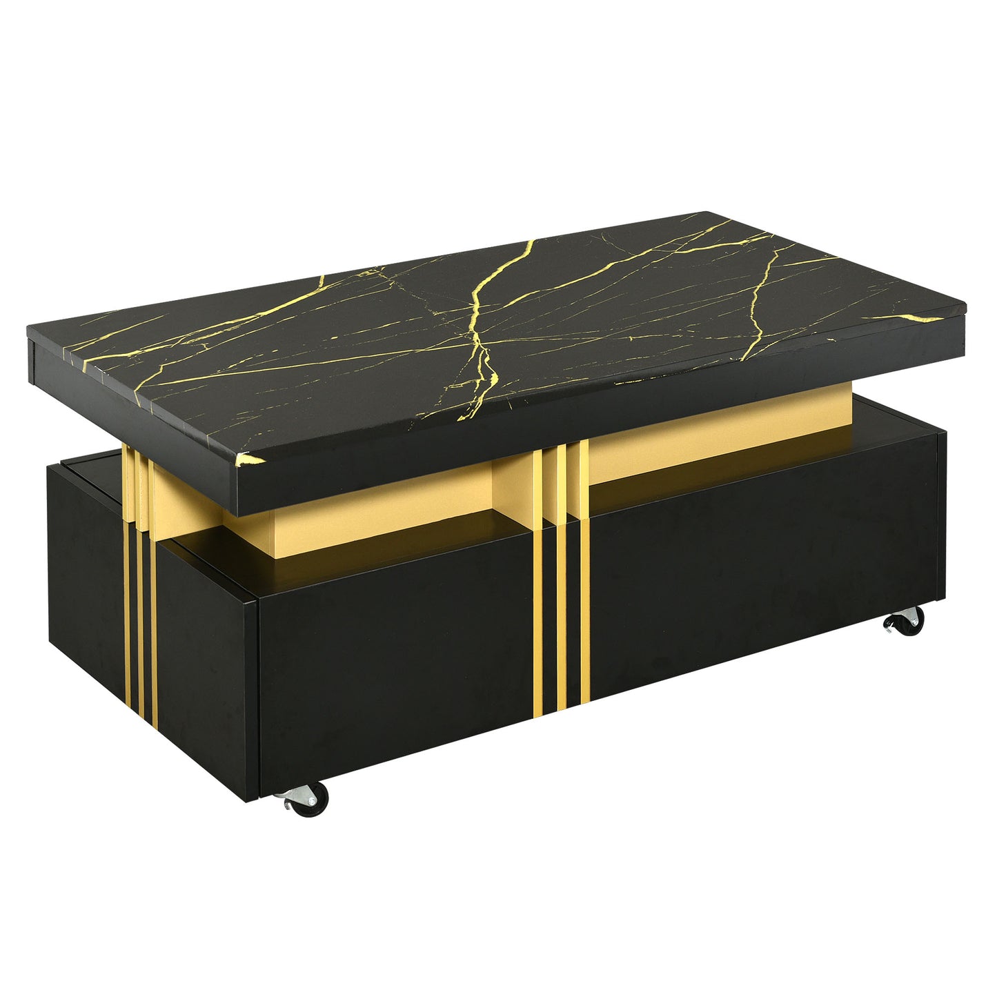 SESSLIFE Modern Coffee Table with Storage, White Faux Marble Top Cocktail Table with 2 Drawers, Caster Wheels and Gold Metal Bars for Living Room, Rectangle Center Table, Black