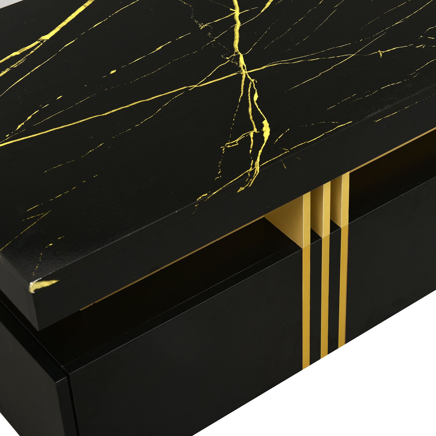 SESSLIFE Modern Coffee Table with Storage, White Faux Marble Top Cocktail Table with 2 Drawers, Caster Wheels and Gold Metal Bars for Living Room, Rectangle Center Table, Black