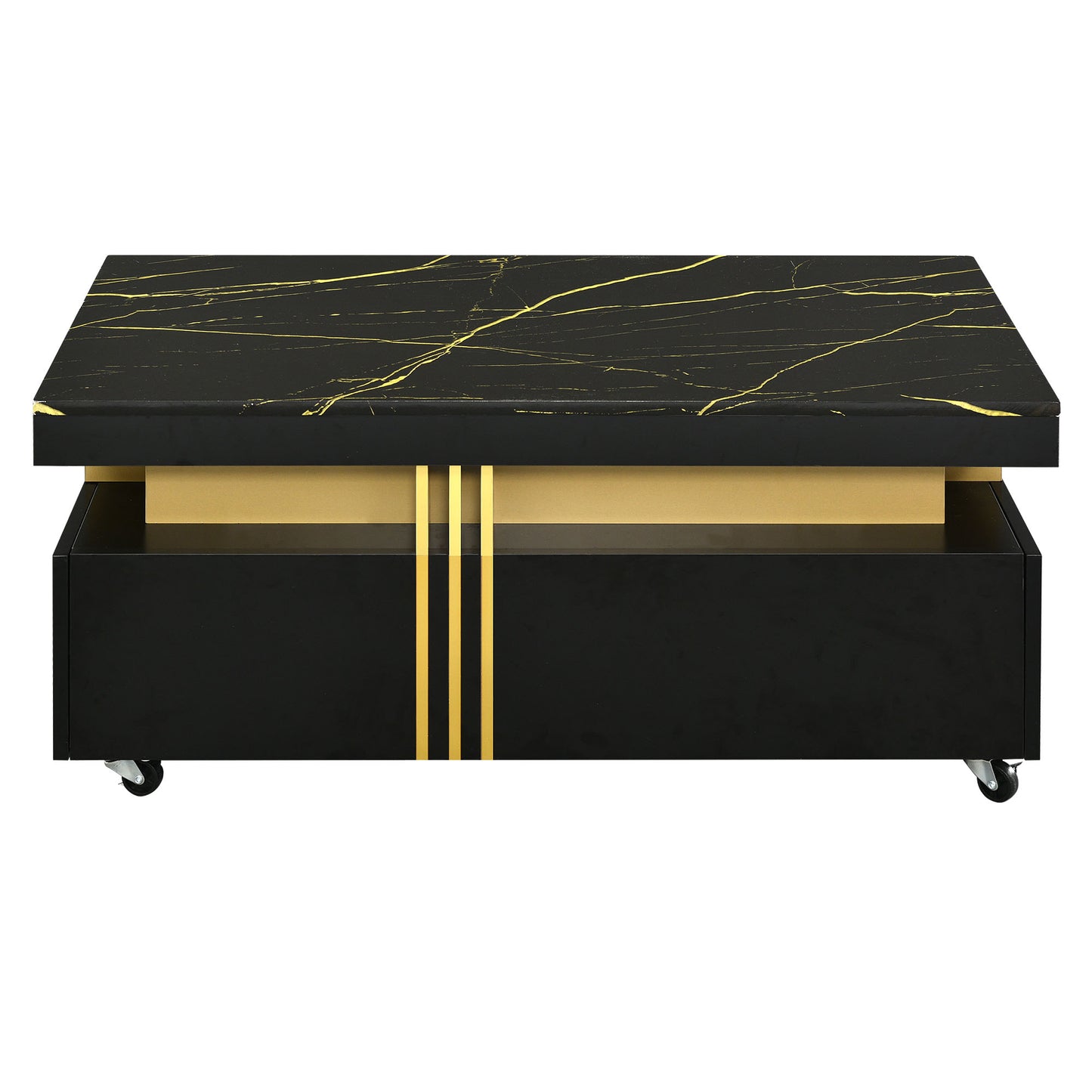 SESSLIFE Modern Coffee Table with Storage, White Faux Marble Top Cocktail Table with 2 Drawers, Caster Wheels and Gold Metal Bars for Living Room, Rectangle Center Table, Black