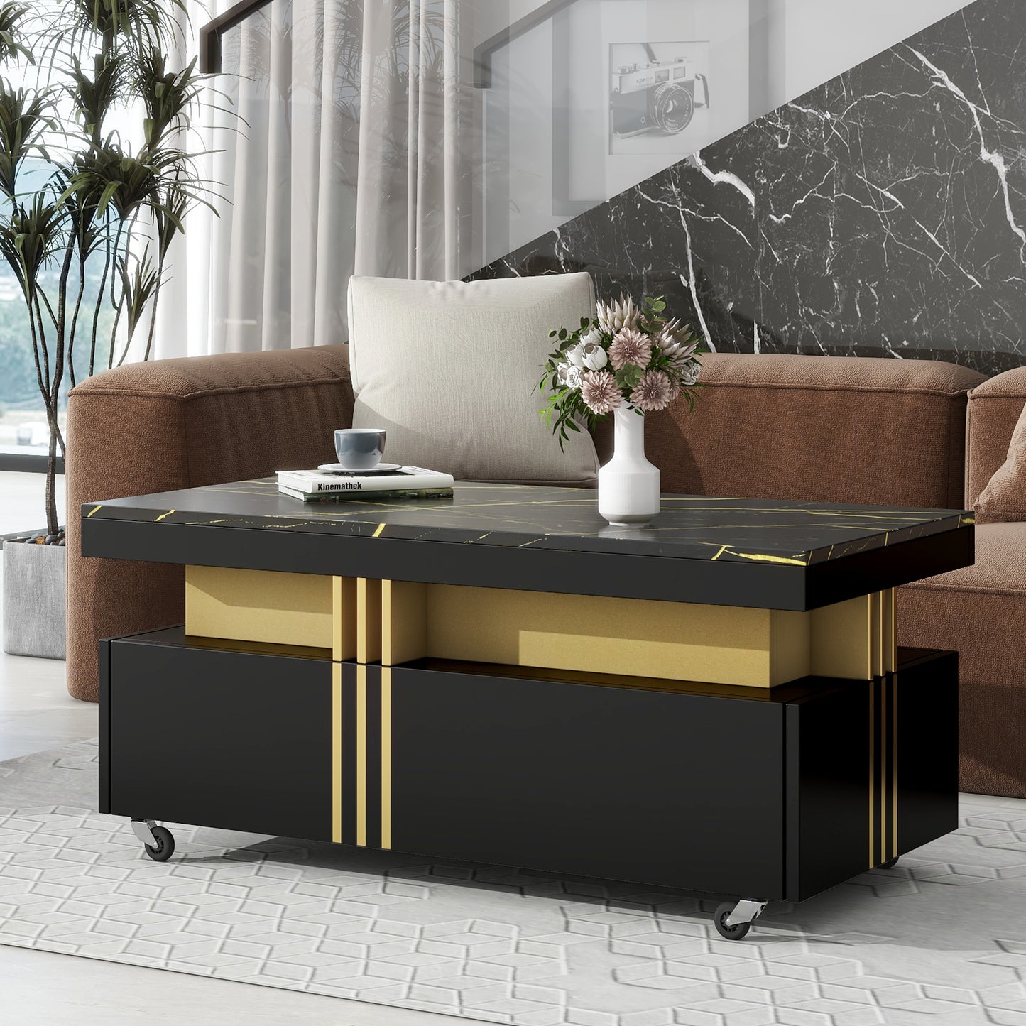 SESSLIFE Modern Coffee Table with Storage, White Faux Marble Top Cocktail Table with 2 Drawers, Caster Wheels and Gold Metal Bars for Living Room, Rectangle Center Table, Black