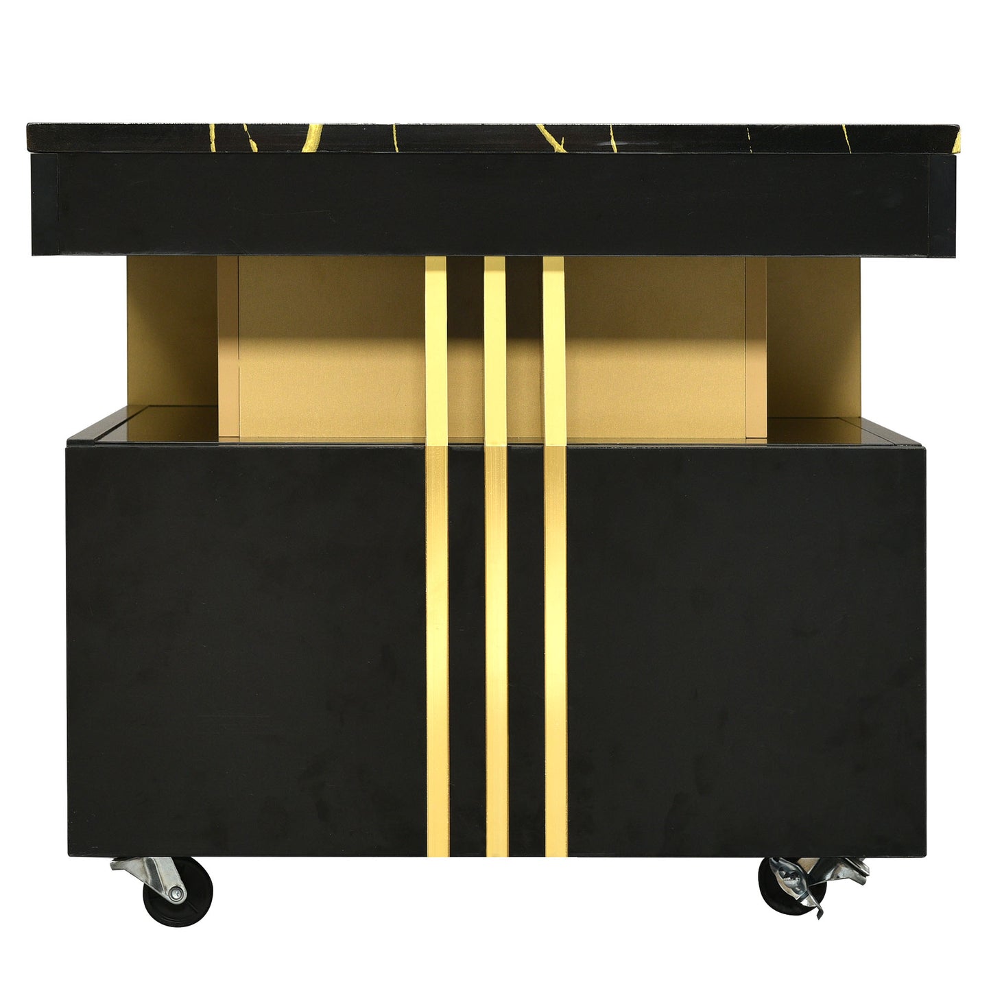 SESSLIFE Modern Coffee Table with Storage, White Faux Marble Top Cocktail Table with 2 Drawers, Caster Wheels and Gold Metal Bars for Living Room, Rectangle Center Table, Black