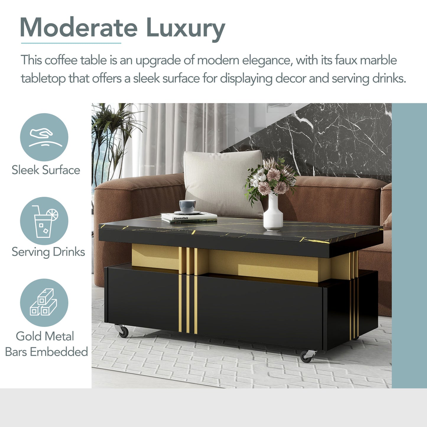 SESSLIFE Modern Coffee Table with Storage, White Faux Marble Top Cocktail Table with 2 Drawers, Caster Wheels and Gold Metal Bars for Living Room, Rectangle Center Table, Black