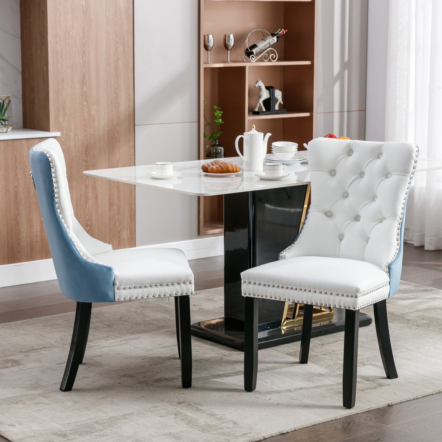 SESSLIFE Tufted Dining Chairs Set of 2, High Back PU Leather Side Chairs with Nailhead Trim and Solid Wood Legs, White and Black
