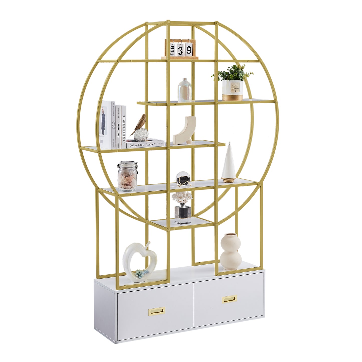 5 Tiers Open Shelf Bookcase Bookshelf, Modern Display Shelf with 2 Drawers, Freestanding Etagere Bookcase with Gold Frame, Round Tall Bookshelf for Office, Golden/White