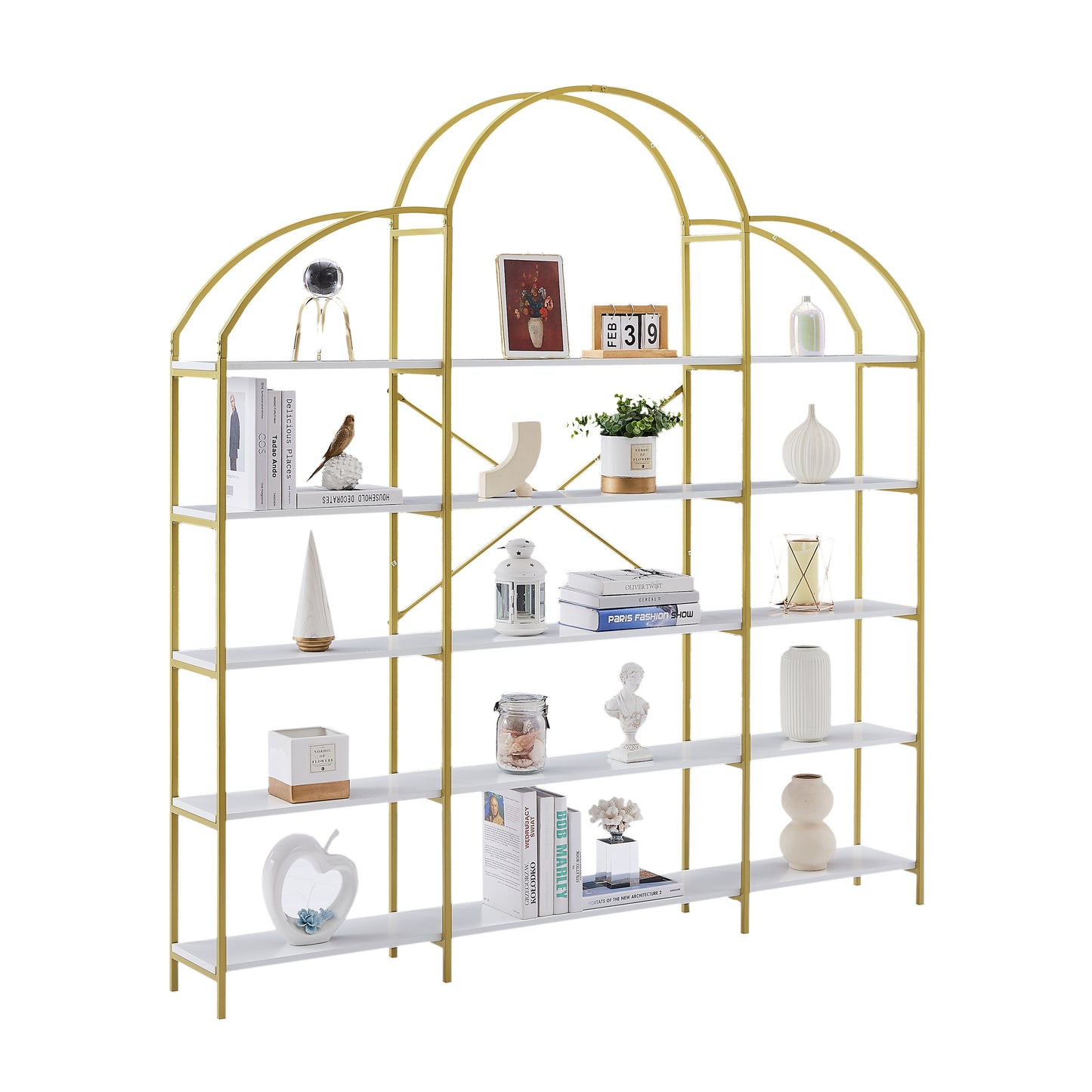 5 Tiers Bookcase Bookshelf, Modern Display Shelf, Freestanding Tall Bookshelf with Round Top and X Bar Gold Frame, Etagere Bookcase for Office, Golden/White