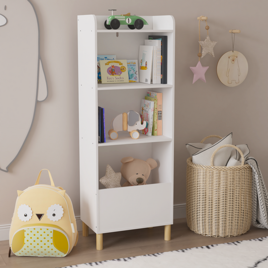 4 Tier Bookshelf for Kids, Wooden Kids Bookcase with Toy Storage, Modern Toy Organizer for Bedroom, Playroom, Nursery, White