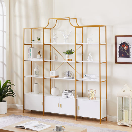 4 Tiers Bookcase Bookshelf, Wood & Steel Display Shelf, Etagere Bookcase with 3 Stroage Cabinets and X Bar Gold Frame, Modern Tall Bookshelf for Home and Office, Golden/White