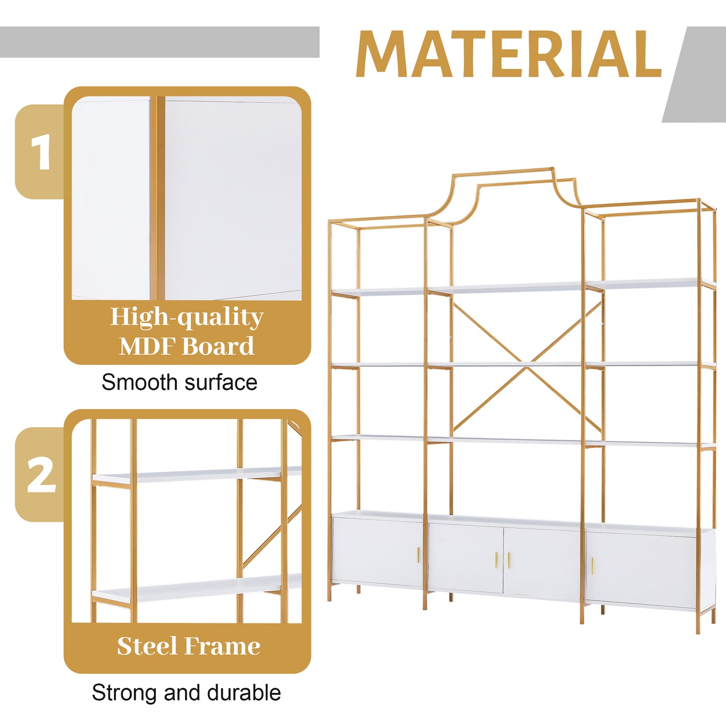 4 Tiers Bookcase Bookshelf, Wood & Steel Display Shelf, Etagere Bookcase with 3 Stroage Cabinets and X Bar Gold Frame, Modern Tall Bookshelf for Home and Office, Golden/White