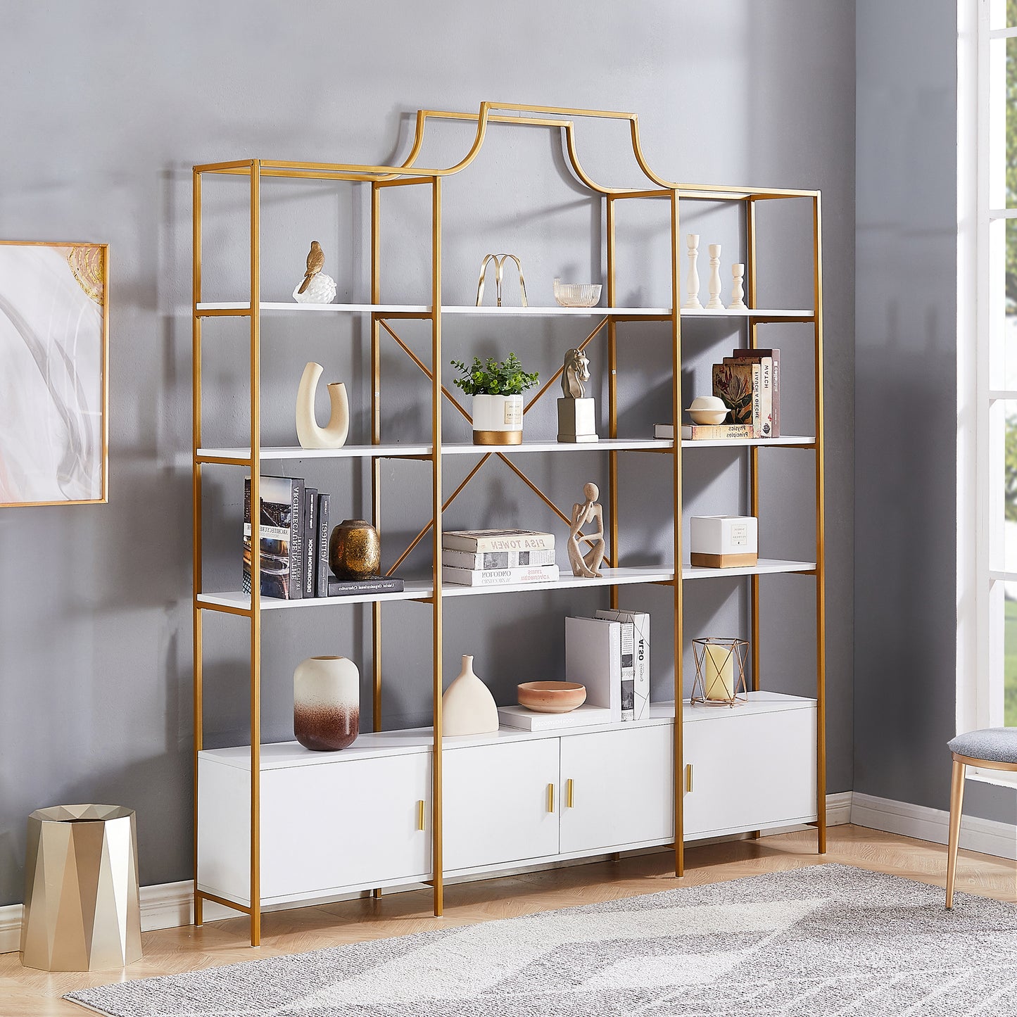 4 Tiers Bookcase Bookshelf, Wood & Steel Display Shelf, Etagere Bookcase with 3 Stroage Cabinets and X Bar Gold Frame, Modern Tall Bookshelf for Home and Office, Golden/White