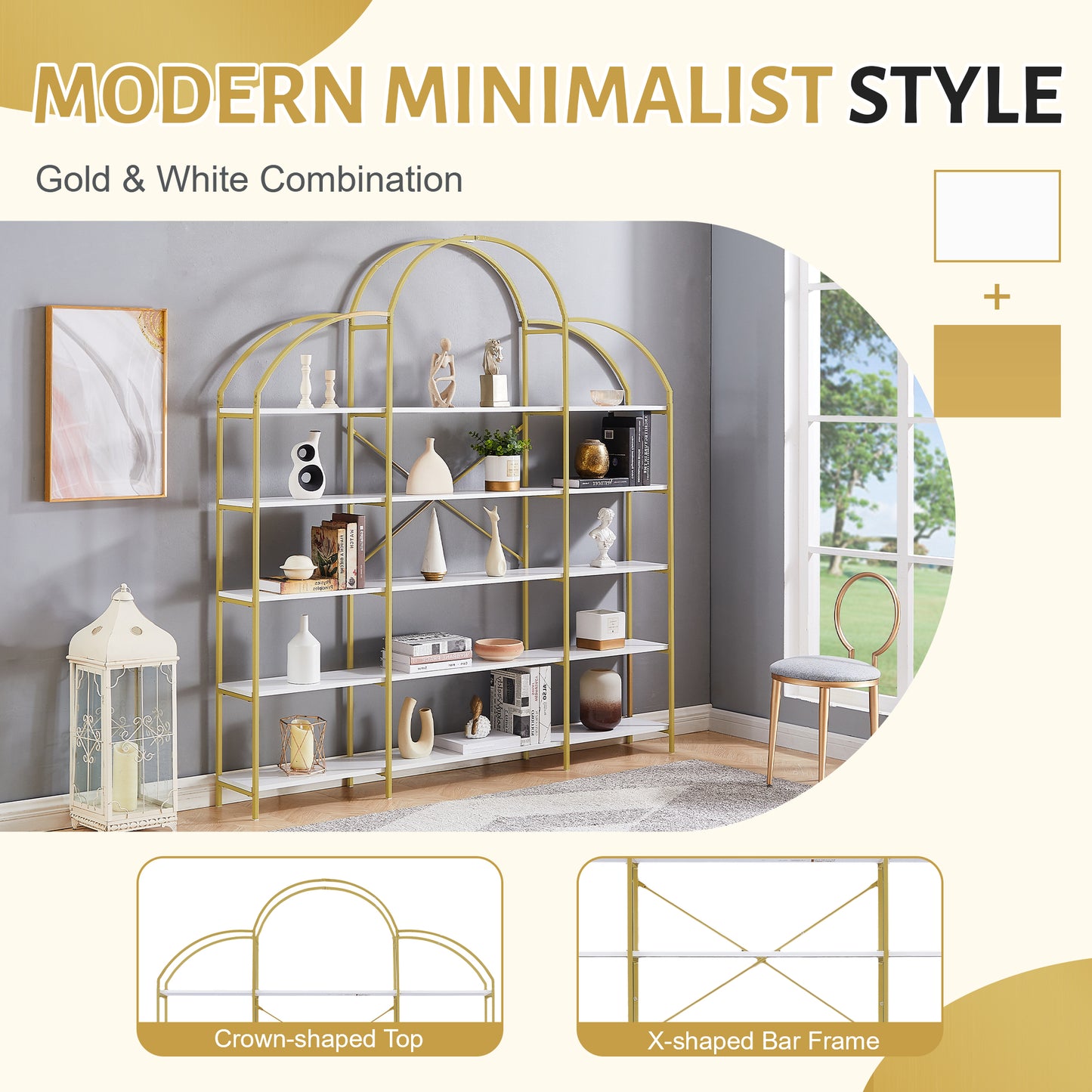 5 Tiers Bookcase Bookshelf, Modern Display Shelf, Freestanding Tall Bookshelf with Round Top and X Bar Gold Frame, Etagere Bookcase for Office, Golden/White