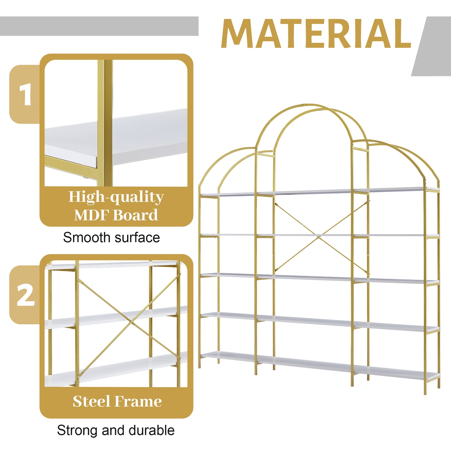 5 Tiers Bookcase Bookshelf, Modern Display Shelf, Freestanding Tall Bookshelf with Round Top and X Bar Gold Frame, Etagere Bookcase for Office, Golden/White