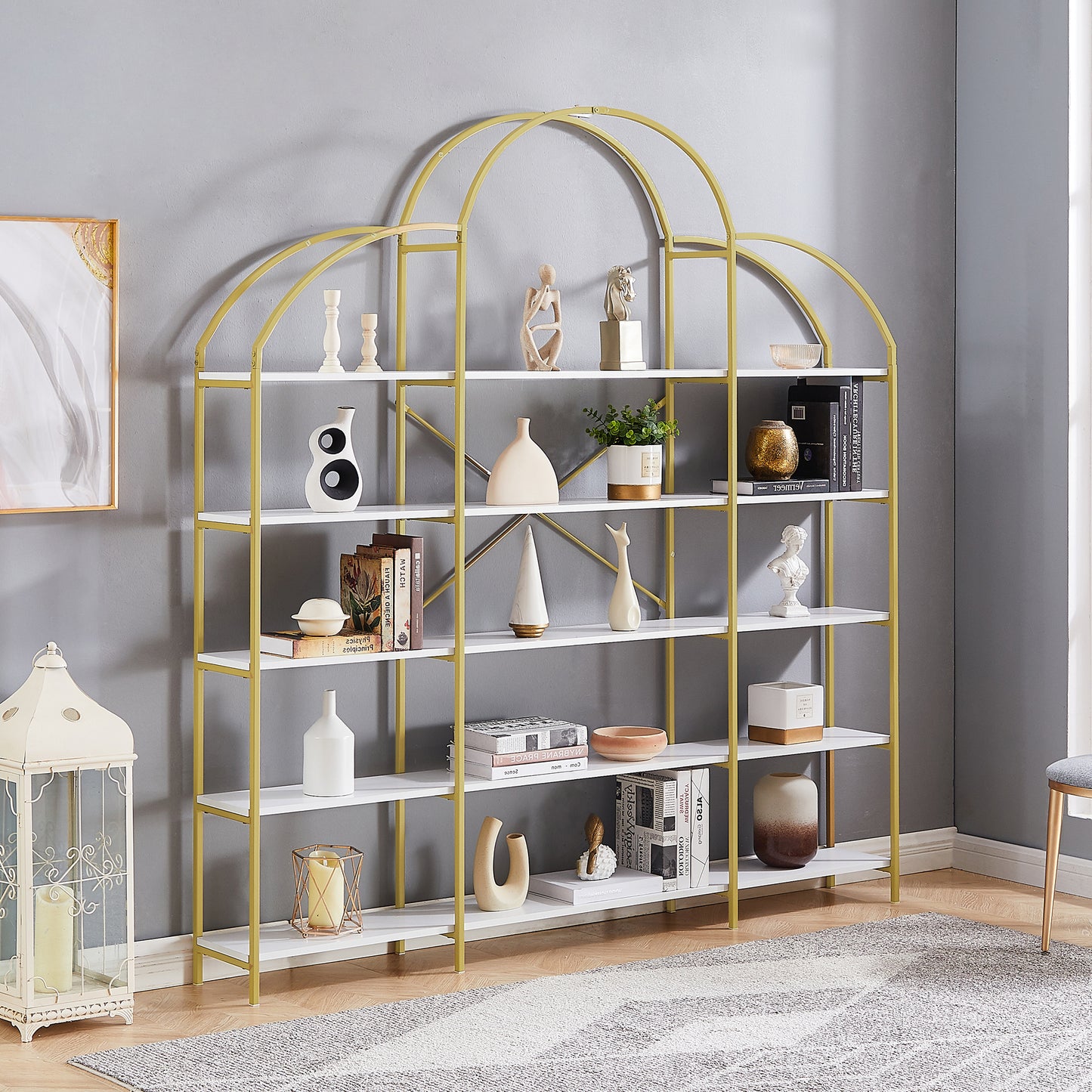 5 Tiers Bookcase Bookshelf, Modern Display Shelf, Freestanding Tall Bookshelf with Round Top and X Bar Gold Frame, Etagere Bookcase for Office, Golden/White