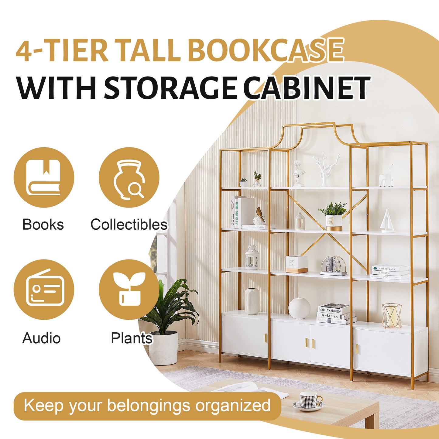 4 Tiers Bookcase Bookshelf, Wood & Steel Display Shelf, Etagere Bookcase with 3 Stroage Cabinets and X Bar Gold Frame, Modern Tall Bookshelf for Home and Office, Golden/White