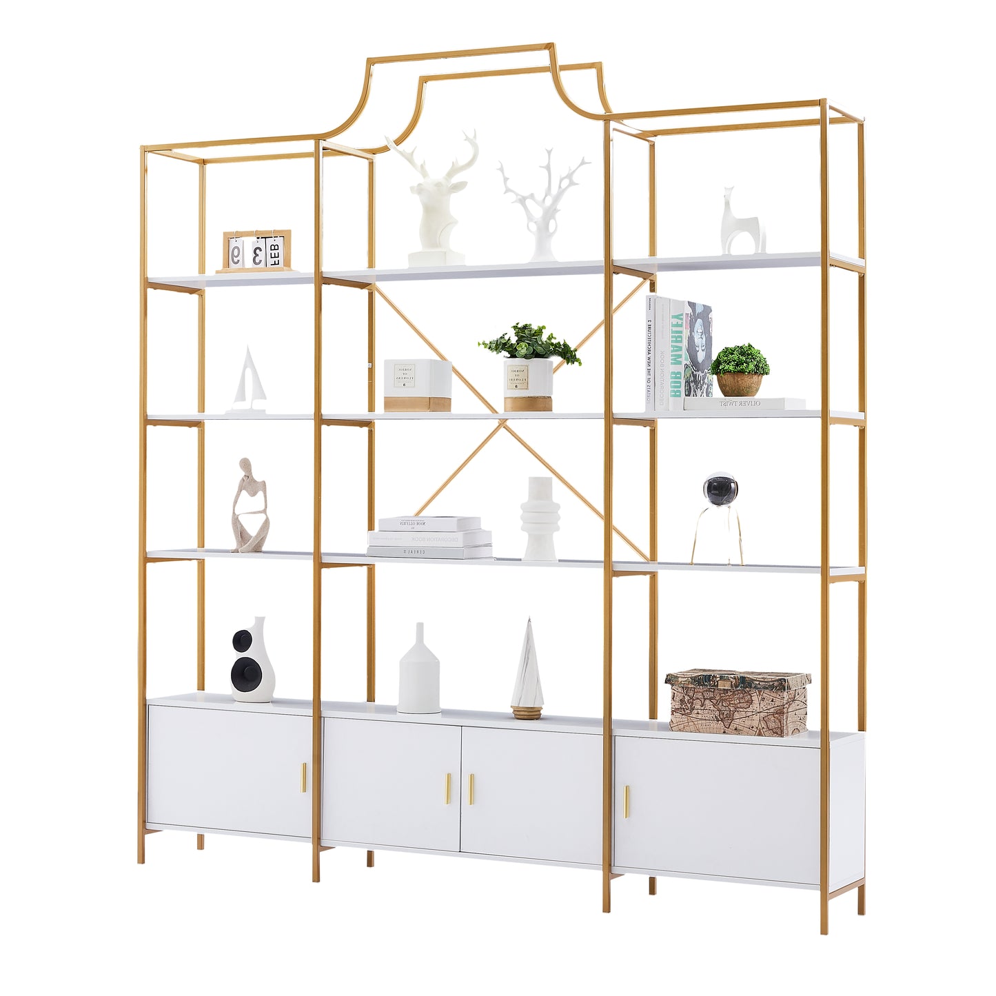 4 Tiers Bookcase Bookshelf, Wood & Steel Display Shelf, Etagere Bookcase with 3 Stroage Cabinets and X Bar Gold Frame, Modern Tall Bookshelf for Home and Office, Golden/White