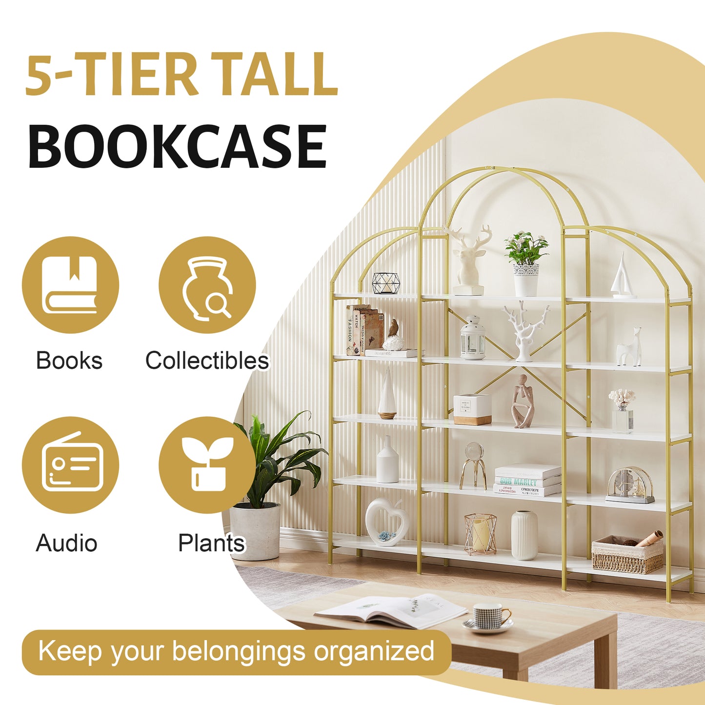 5 Tiers Bookcase Bookshelf, Modern Display Shelf, Freestanding Tall Bookshelf with Round Top and X Bar Gold Frame, Etagere Bookcase for Office, Golden/White