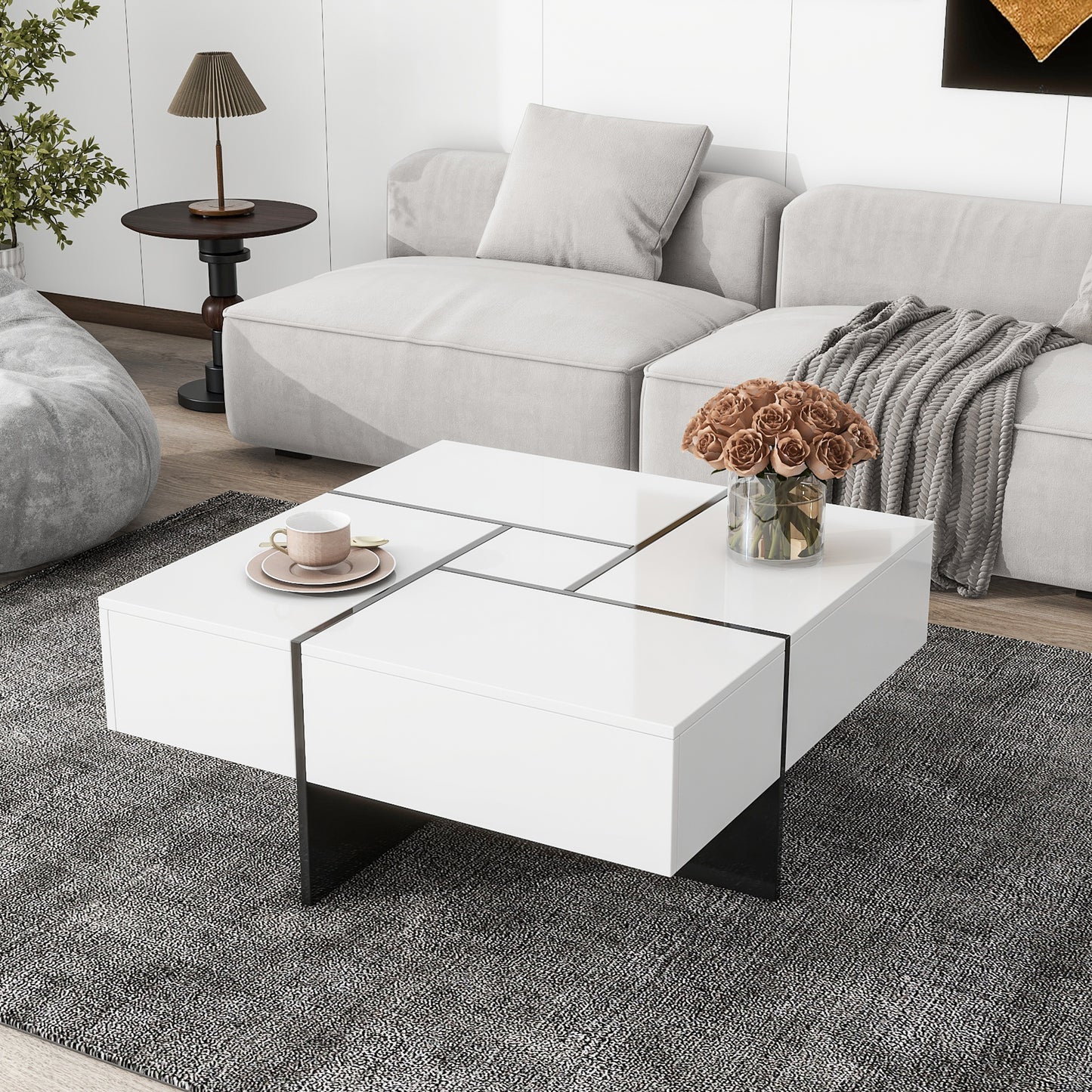 SESSLIFE Modern Coffee Table with Hidden Storage Compartments, Square Extendable Sliding Tabletop for Living Room, UV High-gloss Design Center Table, Black Finish