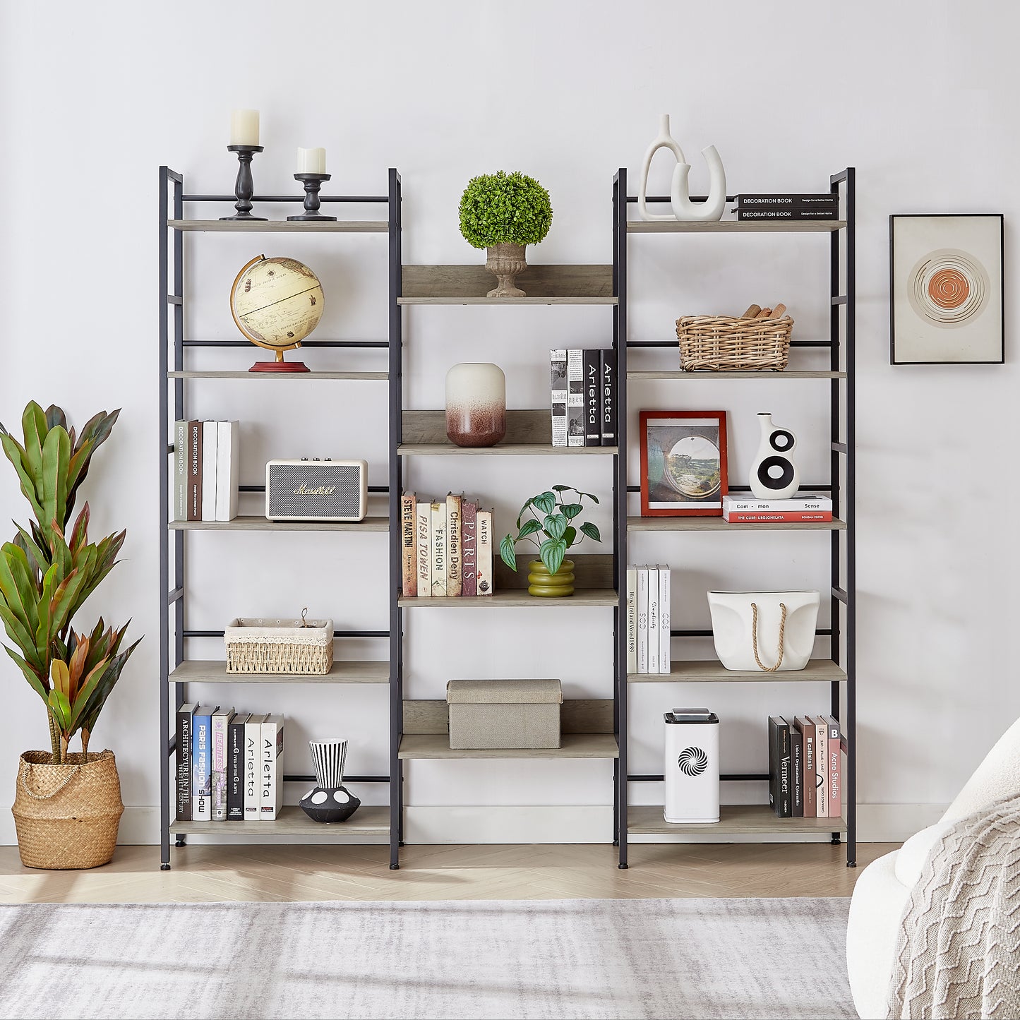 5 Tiers Bookcase Bookshelf, Triple Wide Wooden Open Display Shelves with Metal Frame, Industrial Large Etagere Bookshelf for Home Office