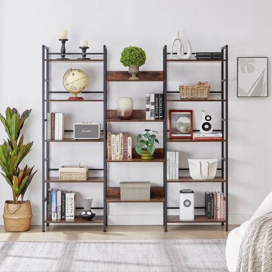 5 Tiers Bookcase Bookshelf, Triple Wide Wooden Open Display Shelves with Metal Frame, Industrial Large Etagere Bookshelf for Home Office