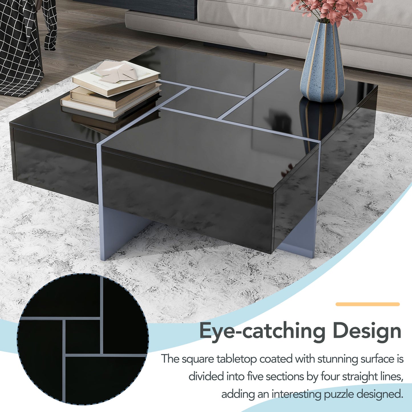 SESSLIFE Modern Coffee Table with Hidden Storage Compartments, Square Extendable Sliding Tabletop for Living Room, UV High-gloss Design Center Table, Black Finish