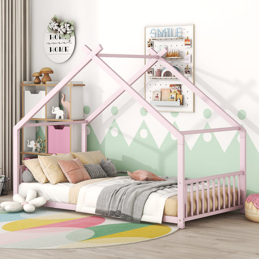 Twin Size Floor Bed Frame, Metal House Bed Featuring Roof, Modern Platform Bed with Metal Frame, No Box Spring Needed, Freestanding Montessori Bed for Kids, Pink