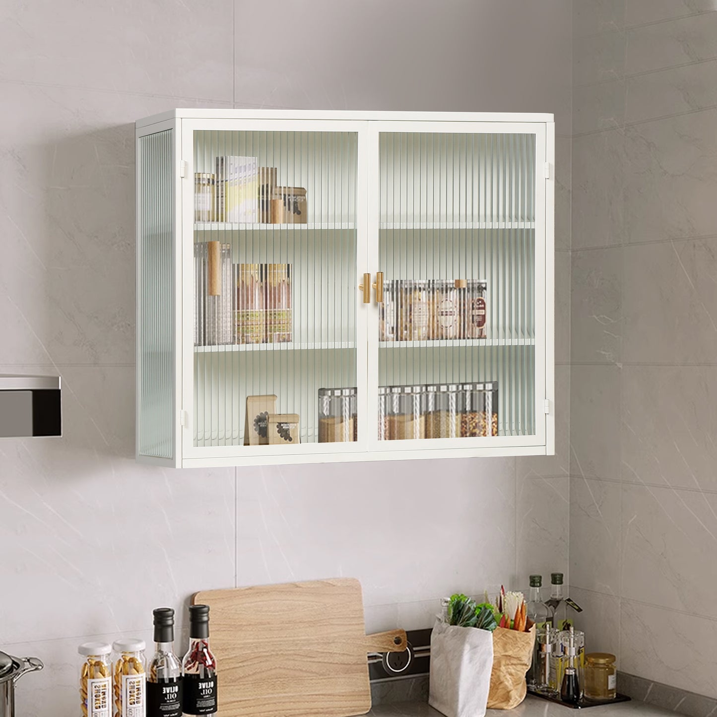 SESSLIFE 27" Large Modern Wall Cabinet with Woven Pattern and Glass Doors, 3-Tier Over-Toilet Storage, Wall Mounted or Freestanding for Bathroom, Living Room, Entryway, White