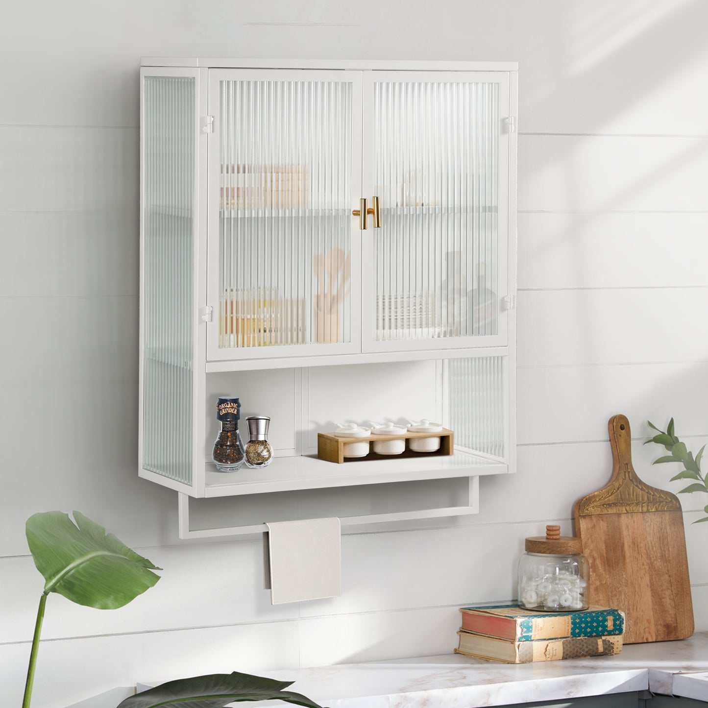 SESSLIFE 30" Spacious Wall Cabinet with Open Shelf and Towel Rack, 2-Door Storage with Fluted Glass, Large Capacity Wall Mounted Cabinet for Bathroom and Kitchen, White