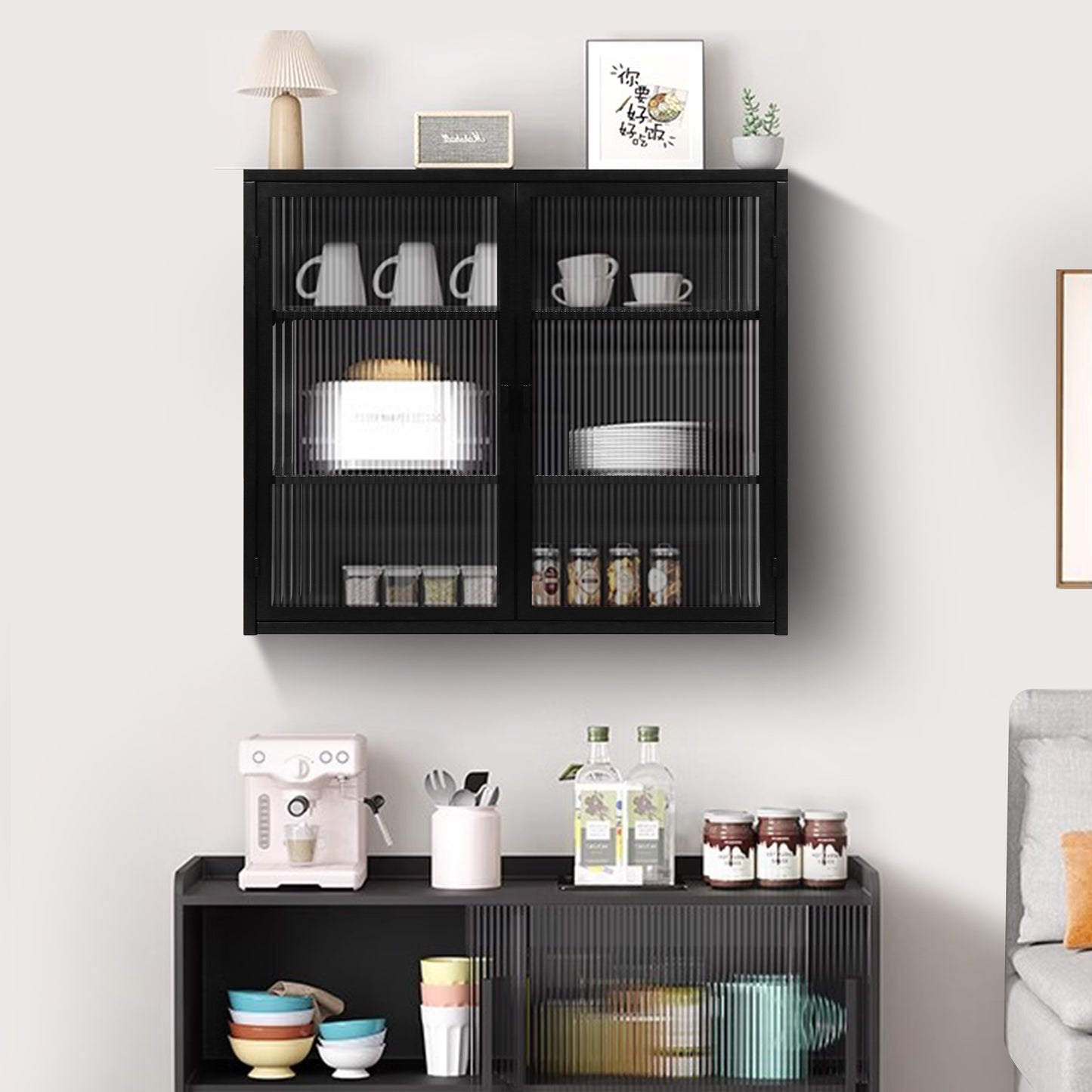 SESSLIFE 27" Large Modern Wall Cabinet with Woven Pattern and Glass Doors, 3-Tier Over-Toilet Storage, Wall Mounted or Freestanding for Bathroom, Living Room, Entryway, White