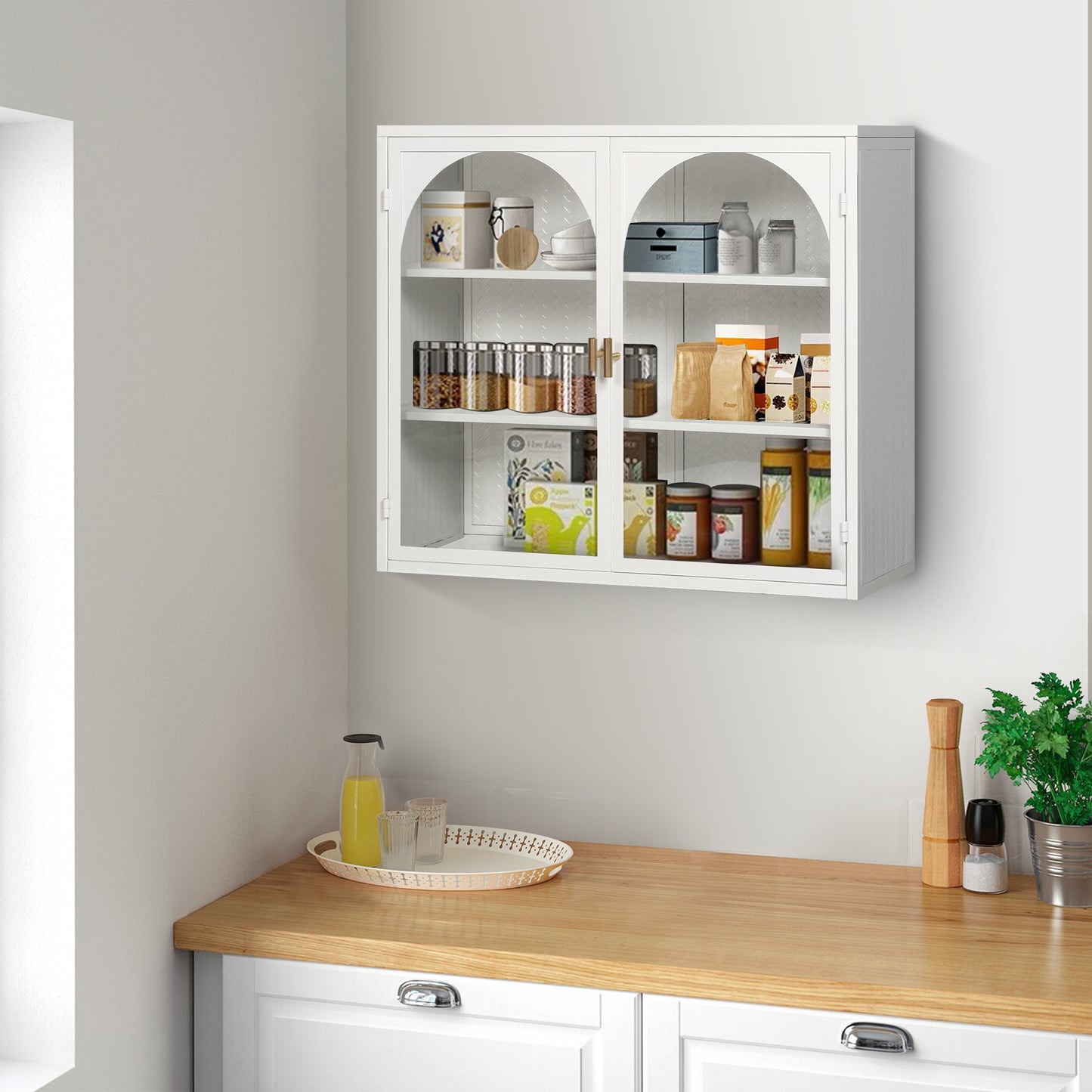 SESSLIFE 27" Arched Wall Cabinet with Glass Doors, Two-Door Three-Tier Storage and Woven Pattern, Wall Mounted or Freestanding for Bathroom, Living Room, Entryway, White