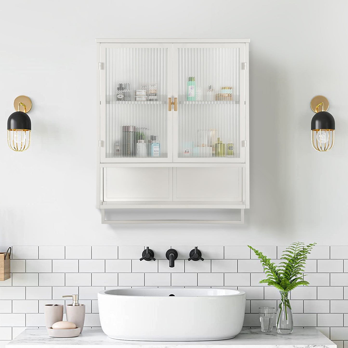 SESSLIFE 30" Spacious Wall Cabinet with Open Shelf and Towel Rack, 2-Door Storage with Fluted Glass, Large Capacity Wall Mounted Cabinet for Bathroom and Kitchen, White