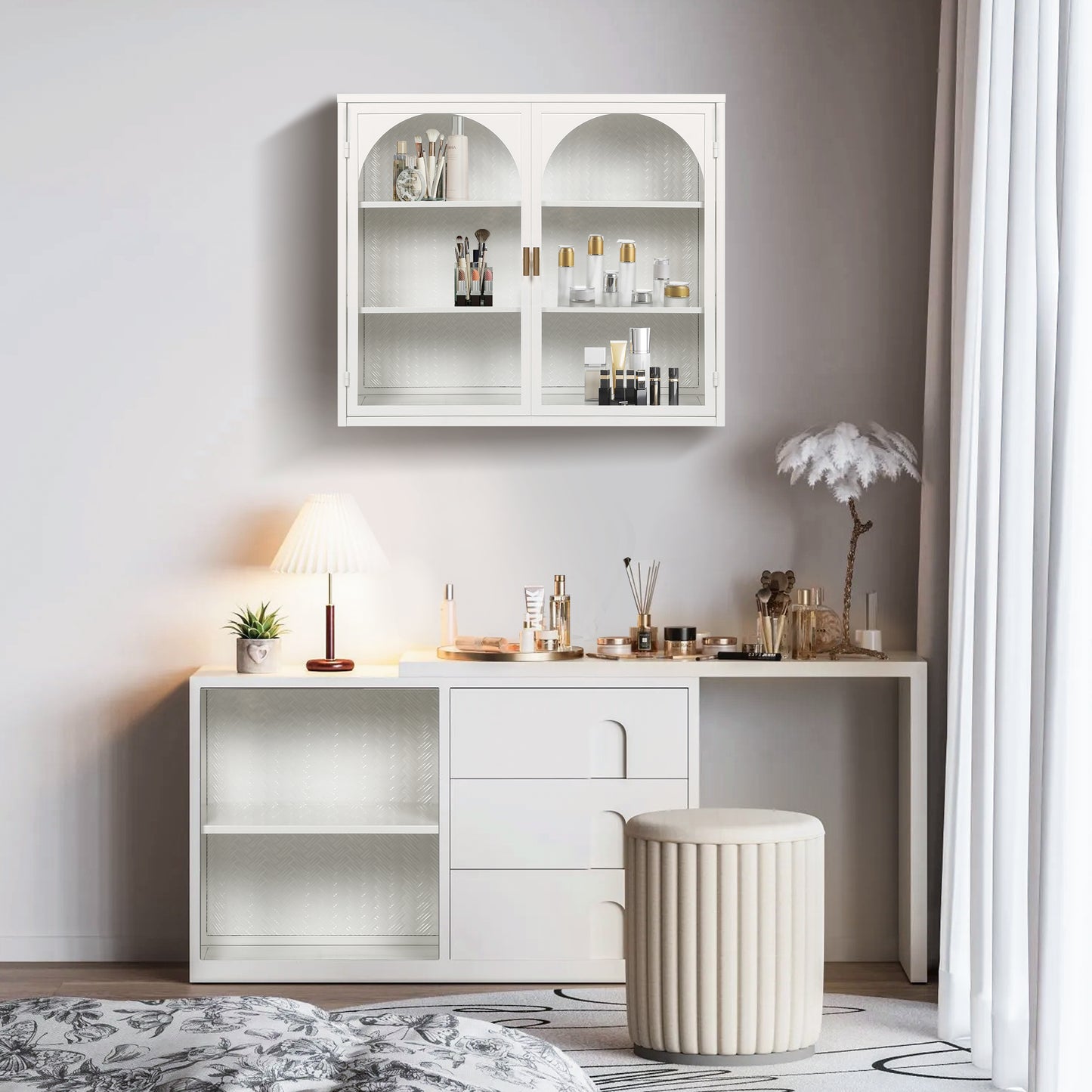 SESSLIFE 27" Arched Wall Cabinet with Glass Doors, Two-Door Three-Tier Storage and Woven Pattern, Wall Mounted or Freestanding for Bathroom, Living Room, Entryway, White