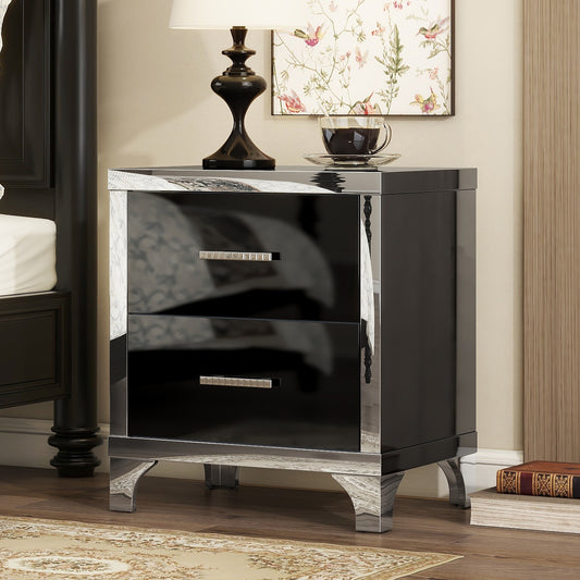 SESSLIFE Nightstand Modern High Gloss Design, Mirrored Bedside Table with 2 Drawers, Sturdy MDF Black Nightstand, Compact Side Table for Bedroom, Living Room and Apartment