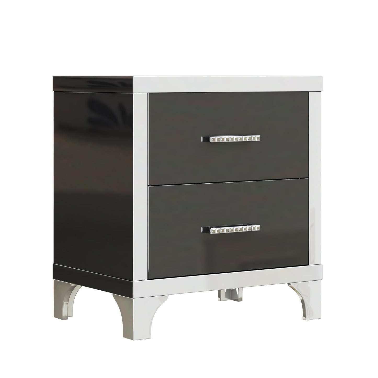 SESSLIFE Nightstand Modern High Gloss Design, Mirrored Bedside Table with 2 Drawers, Sturdy MDF Black Nightstand, Compact Side Table for Bedroom, Living Room and Apartment