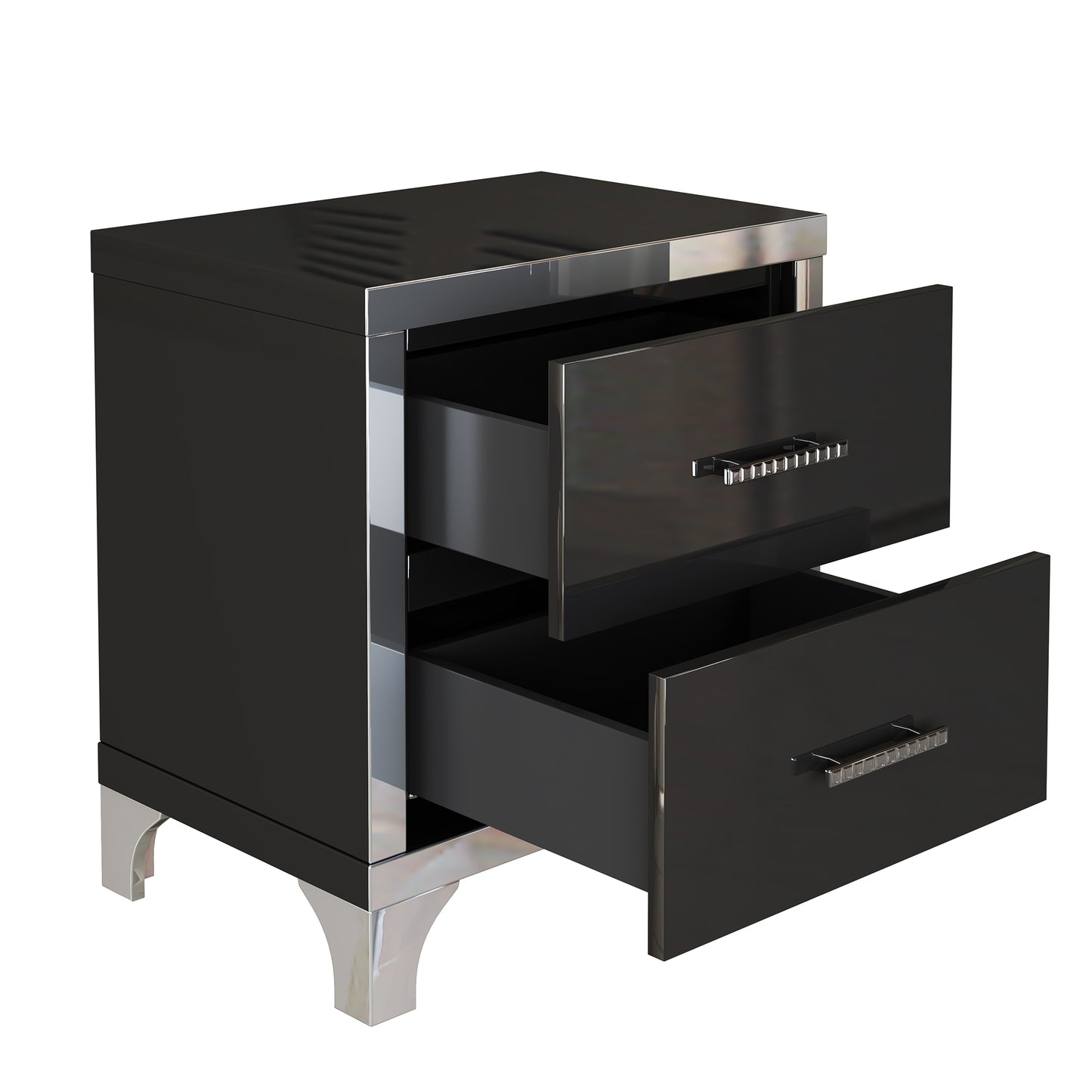 SESSLIFE Nightstand Modern High Gloss Design, Mirrored Bedside Table with 2 Drawers, Sturdy MDF Black Nightstand, Compact Side Table for Bedroom, Living Room and Apartment