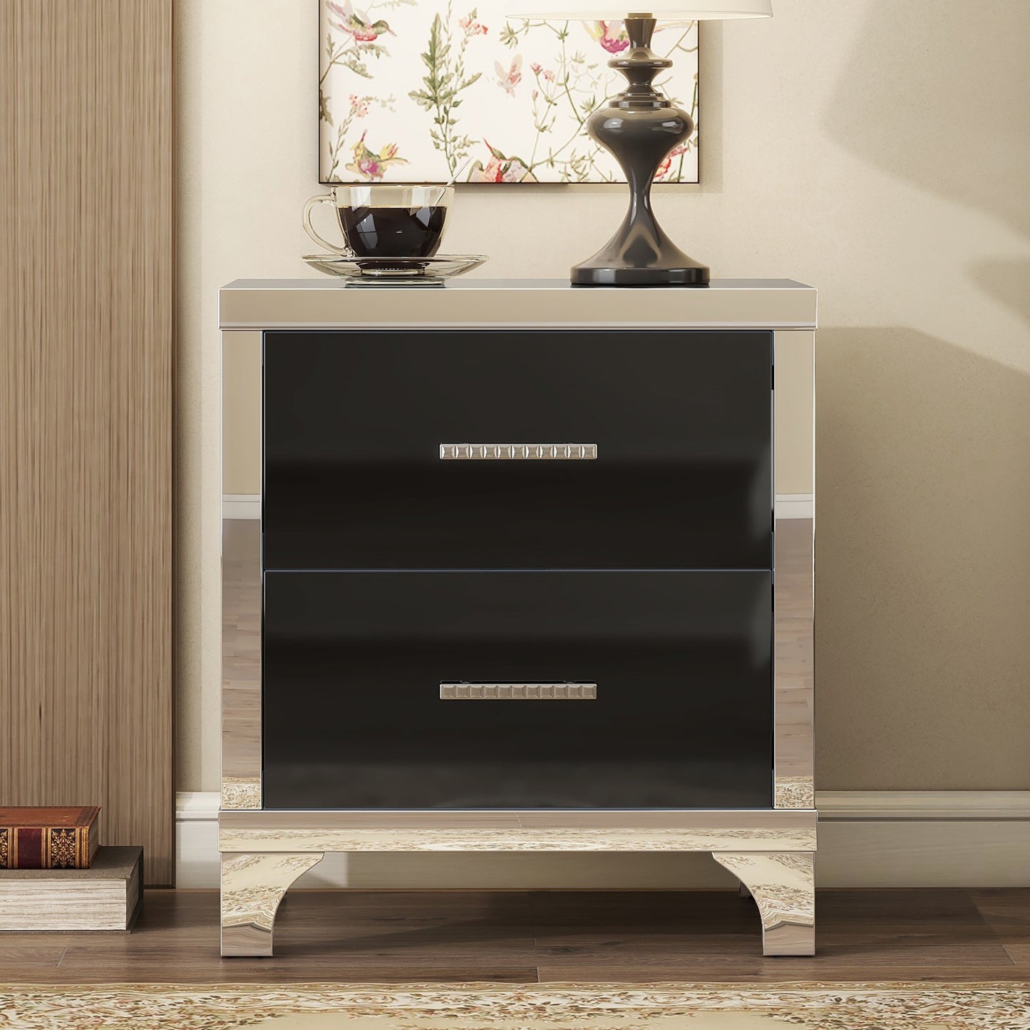 SESSLIFE Nightstand Modern High Gloss Design, Mirrored Bedside Table with 2 Drawers, Sturdy MDF Black Nightstand, Compact Side Table for Bedroom, Living Room and Apartment