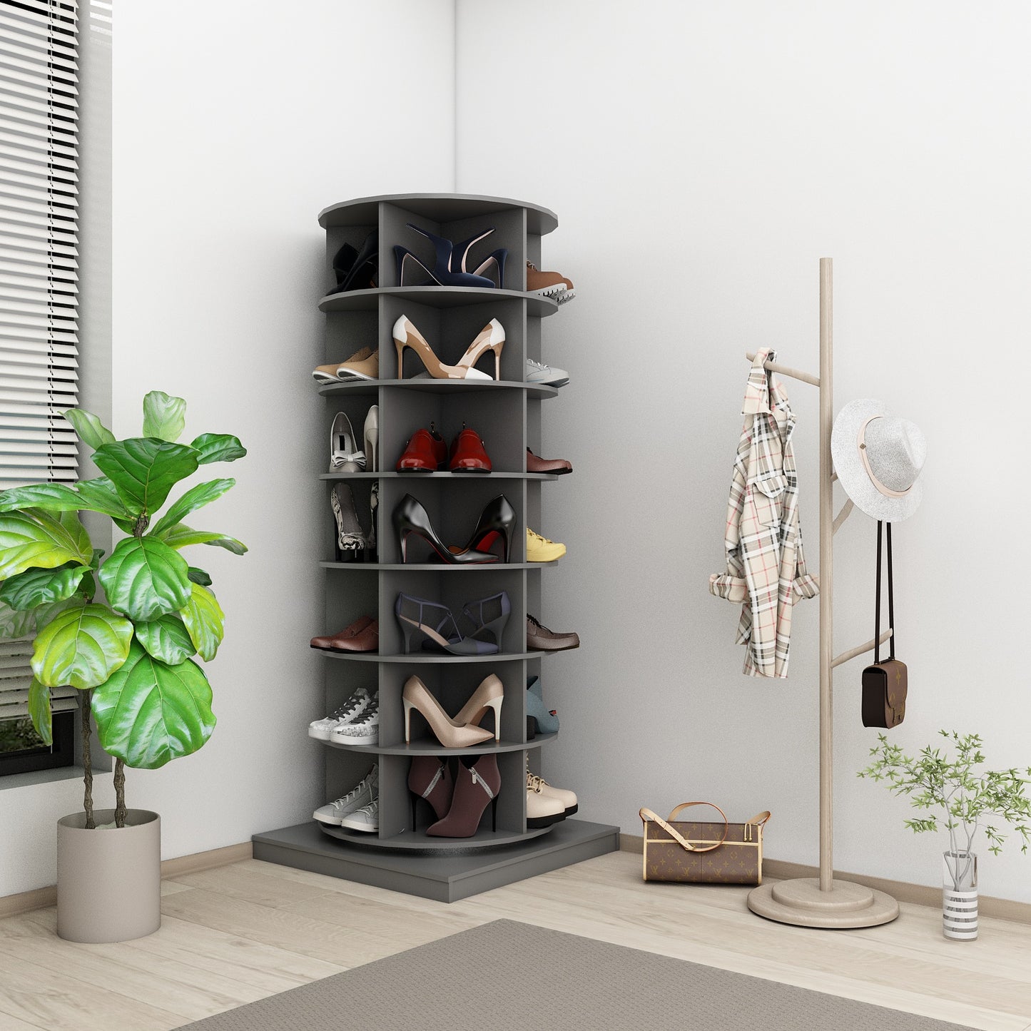 7-Layer Rotating Shoe Cabinet, Modern Tall Shoe Rack with Open Storage Space Hold over 28 Paris shoes, Freestanding 360 Rotating Shoe Rack Tower, Round ShoeRack for Home, Gray