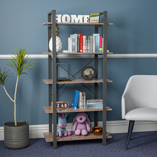 5-Tier Bookshelf, Wood & Metal Etagere Bookcase with Open Shelves, Vintage Industrial Tall Bookshelf, Farmhouse Open Display Shelf for Home and Office, Brown