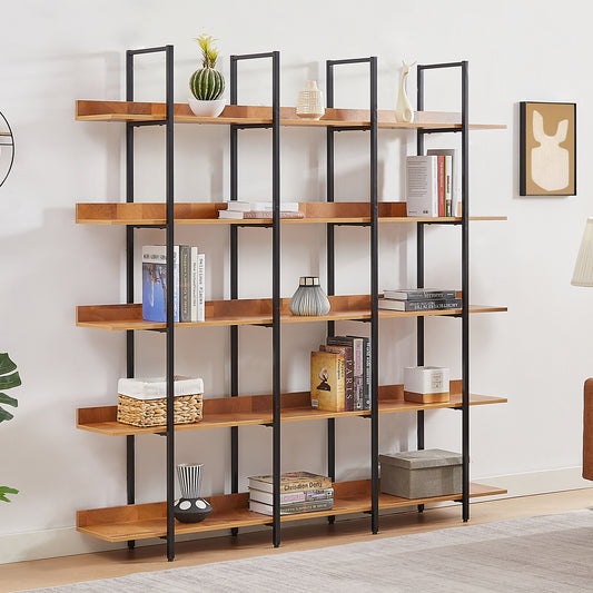 5 Tier Bookcase, Wood & Steel Open Bookshelf With Metal Frame, Square Vintage Industrial Style Tall Bookshelf, Modern Freestanding Etagere Bookcase for Home Office, Black/Brown