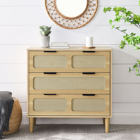 3 Drawer Dresser, Rattan Dresser with Drawers and Metal Handles, Farmhouse Wood Storage Chest for Bedroom, Living Room, Hallway, Natural Color