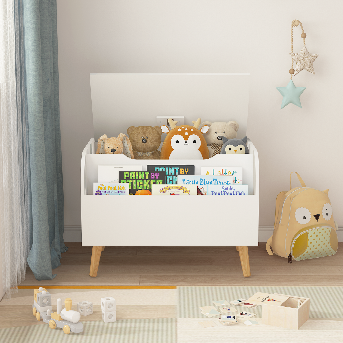 Kids Toy Box, Wooden Toy Storage Organizer for Boys Girls with Front Bookshelf, Flip-Top Lid, Safety Hinge, Modern Toy Chest Bench with 4 Legs for Playroom, Bedroom, White