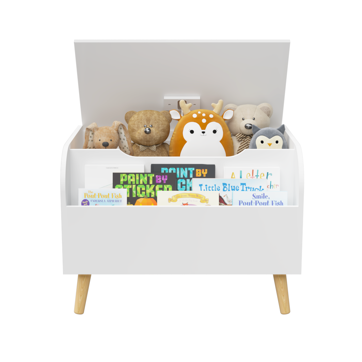 Kids Toy Box, Wooden Toy Storage Organizer for Boys Girls with Front Bookshelf, Flip-Top Lid, Safety Hinge, Modern Toy Chest Bench with 4 Legs for Playroom, Bedroom, White