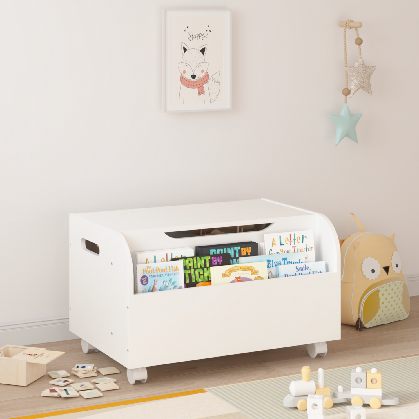 Kids Toy Box, Wooden Toy Storage Organizer for Boys Girls with Front Bookshelf, Flip-Top Lid, Safety Hinge, Modern Toy Chest Bench with 4 Legs for Playroom, Bedroom, White