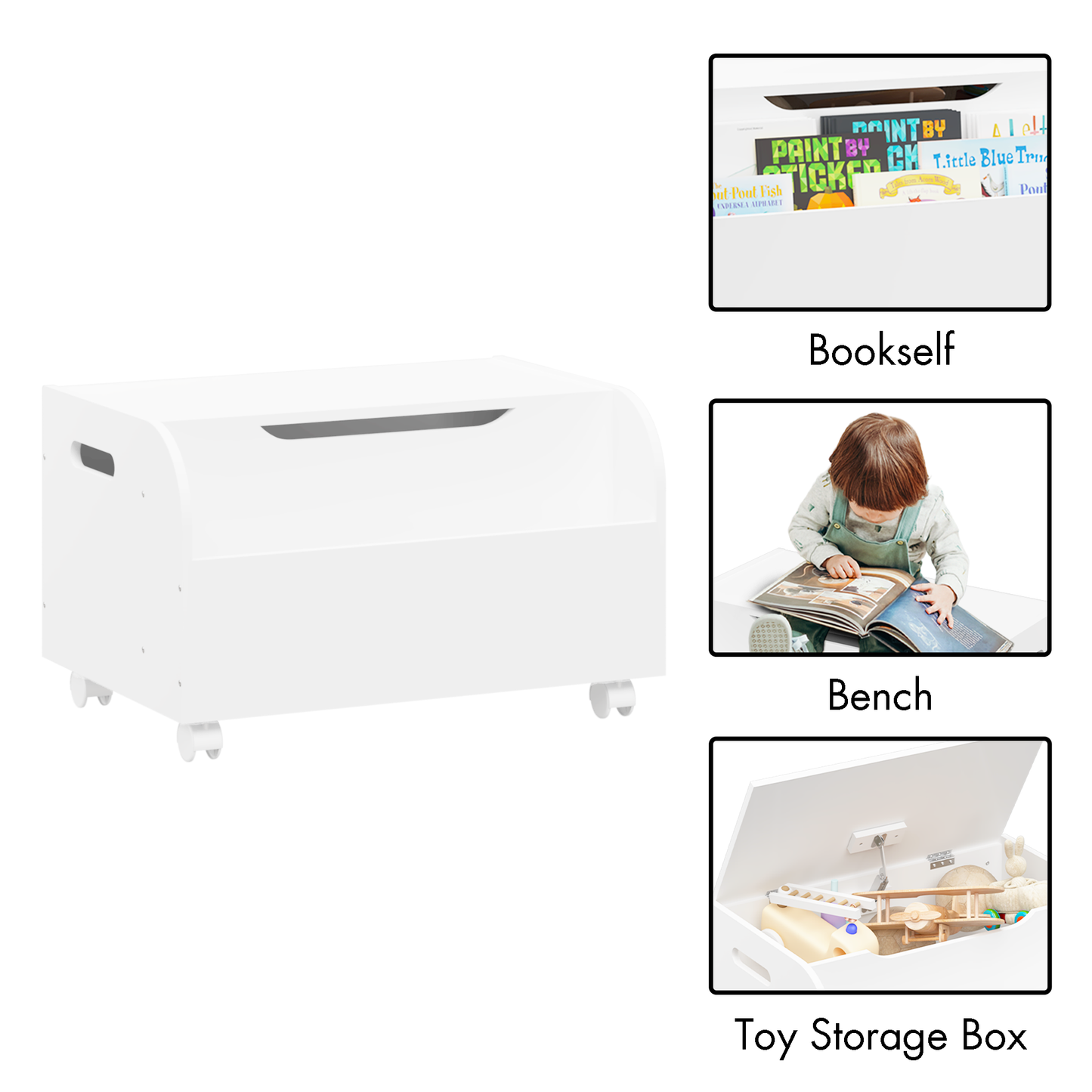 Kids Toy Box, Wooden Toy Storage Organizer for Boys Girls with Front Bookshelf, Flip-Top Lid, Safety Hinge, Modern Toy Chest Bench with 4 Legs for Playroom, Bedroom, White