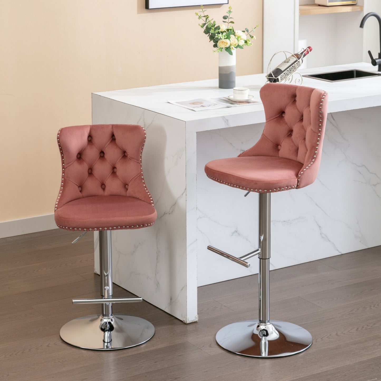 Swivel Velvet Bar Stools, Chrome Base Barstools Set of 2 with Tufted Backs, Modern Upholstered Adjustable Seat for Home Pub and Kitchen Island