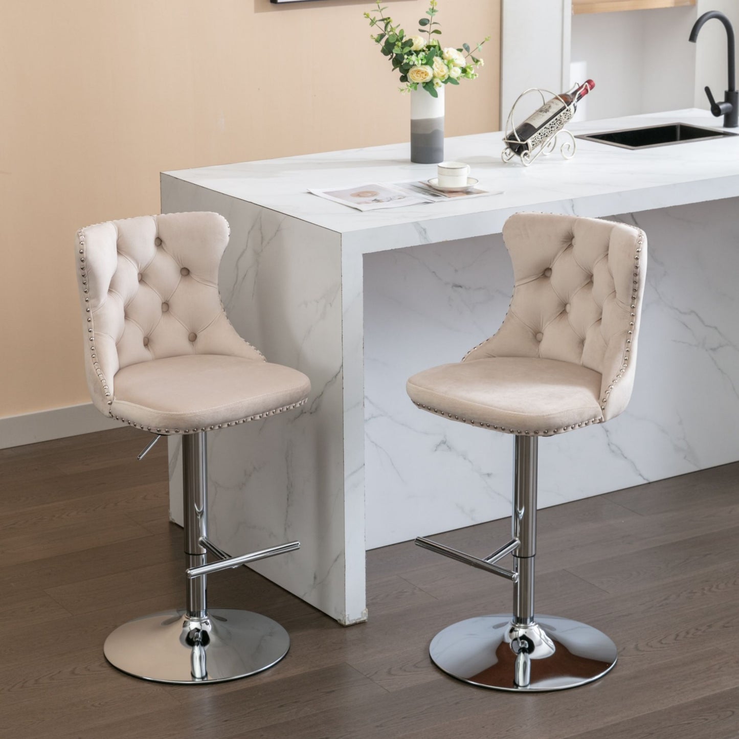 Swivel Velvet Bar Stools, Chrome Base Barstools Set of 2 with Tufted Backs, Modern Upholstered Adjustable Seat for Home Pub and Kitchen Island