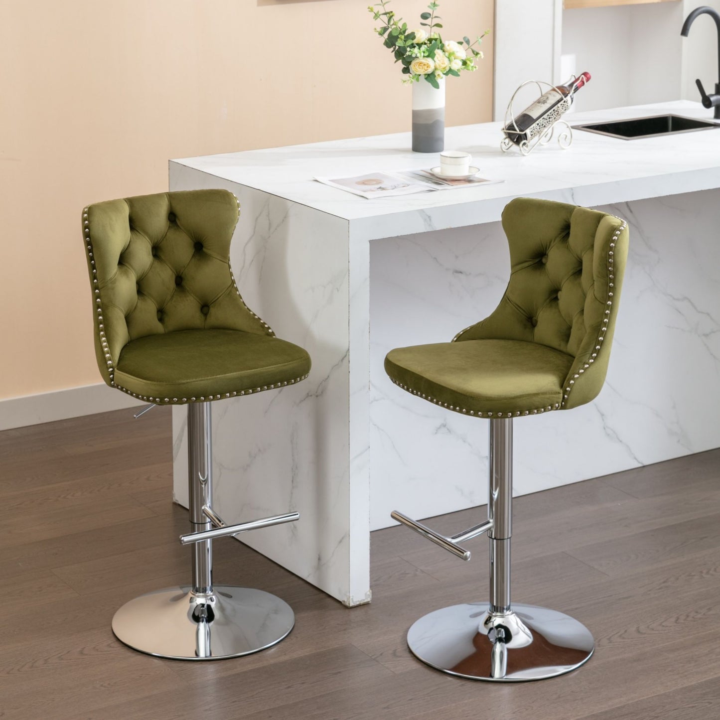 Swivel Velvet Bar Stools, Chrome Base Barstools Set of 2 with Tufted Backs, Modern Upholstered Adjustable Seat for Home Pub and Kitchen Island