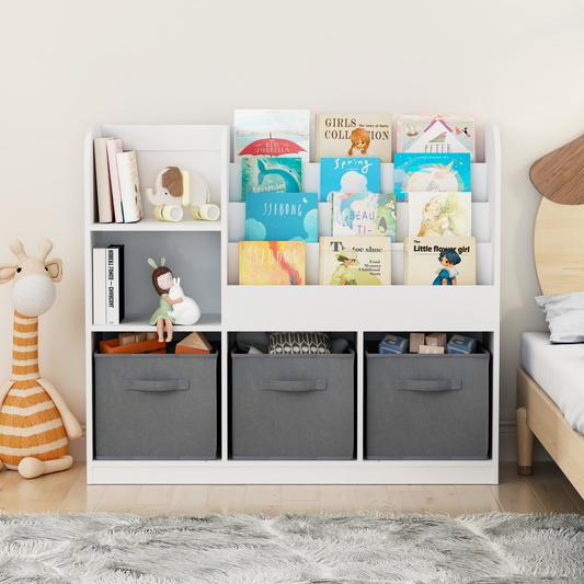 Bookshelf for Kids, Wooden Kids Bookcase with 3 Collapsible Fabric Drawers, Modern Bookcase Display Stand, Freestanding Toy Organizer for Children's Room, Playroom, Hallway, White/Gray