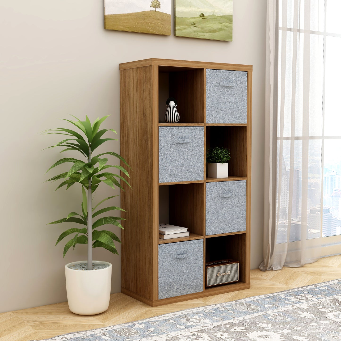 Walnut Bookcase Bookshelf, Wood Open Bookshelf with 8 Cube Storage Organizer, Freestanding Display Shelf with Opened Back Shelves, Modern Bookcase for Home, Office